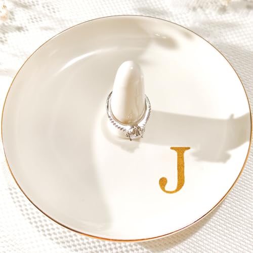 Ceramic Initials Jewelry Tray Ring Dish With Personalized J-Monogrammed Engagement Wedding Gifts, for Birthday Mother's Day for Women, Ceramic White 4.7" x2.4" - style: J