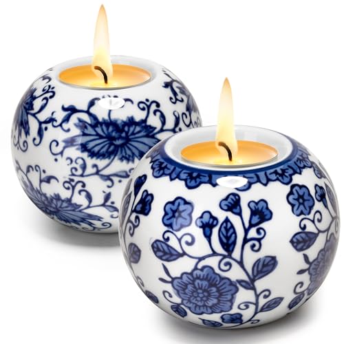One Pair Classic Celadon Tealight Holder Set, Chinoiserie Blue and White Porcelain from Jingdezhen, Candle Holder for Housewarming Gifts and Home Decoration (W 3.54 in x H 2.76 in)