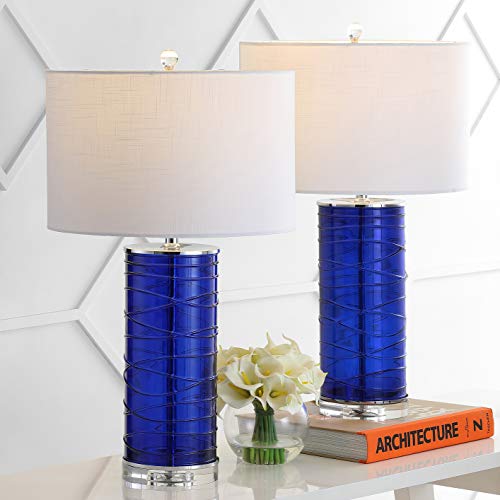 JONATHAN Y 27.5" Cobalt Modern Fused Glass Table Lamp Set of 2 for Bedroom Living Room, Coastal Nightstand Bedside Lamp with White Linen Shade, LED Bulbs Included (JYL4017D-SET2) - color: Cobalt