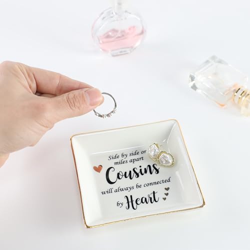 HOME SMILE Cousin Gifts Mother's Day,Ceramic Ring Jewelry Dish Tray Plate for Birthday Graduation Christmas Wedding,Sise by Side or Miles Away,Cousins will AwaysConnected by Heart - style: Cousin