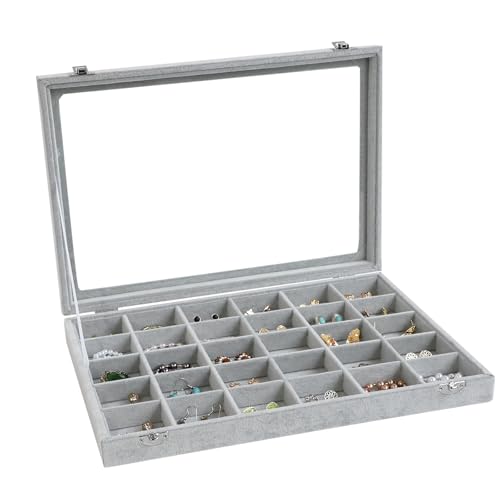 Wudygirl 30 Grid Jewelry Organizer Velvet Jewelry Box Jewelry Tray with Clear Lid Storage Case Showcase Display Stackable Removable (30 Grid) - style: 30 Grid Tray