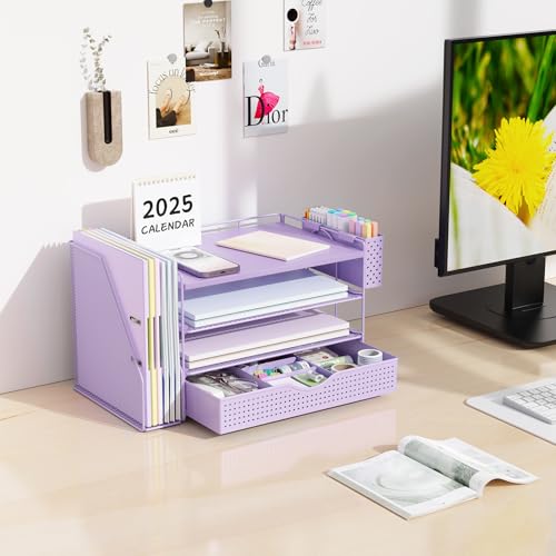 gianotter Wood Desk Organizers and Accessories with File Holder, 4-Tier Desk Accessories & Workspace Organizers with Drawer and Pen Holder, Paper Organizer for Office Supplies (Purple) - color: Purple
