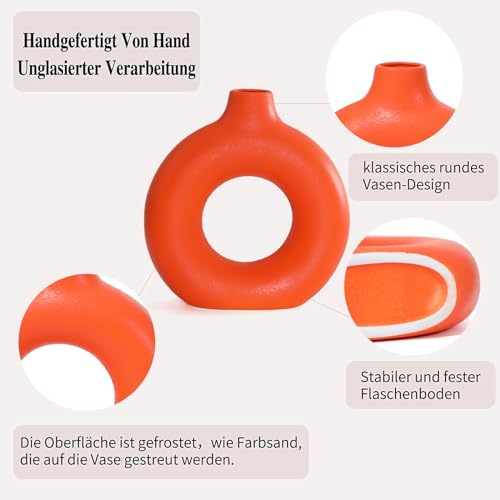 Orange Ceramic Donut Vase Set of 2, Hollow Round Matte Pampas Flower Vases for Boho Home Wedding Party Room Dinner Table Shelf Decor.（Orange） - color: Orange, size: Donut Set of 2