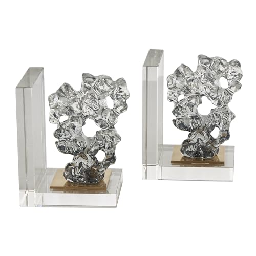 Deco 79 Glass Handmade Decorative Bookends Freeform Non Skid Bookends with Clear Gold Supports, Set of 2 Office Bookends5 W, 6" H, Clear - size: 5"W, 6"H