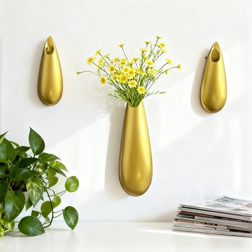 Sculptural Wall Ceramic Vase — 3 Pack Gold Hanging Sconce Vase | Turn Flowers into Art — Decorative Ceramic Wall Sconce for Single Stem Displays - size: 3pcs-Small&Medium&Large