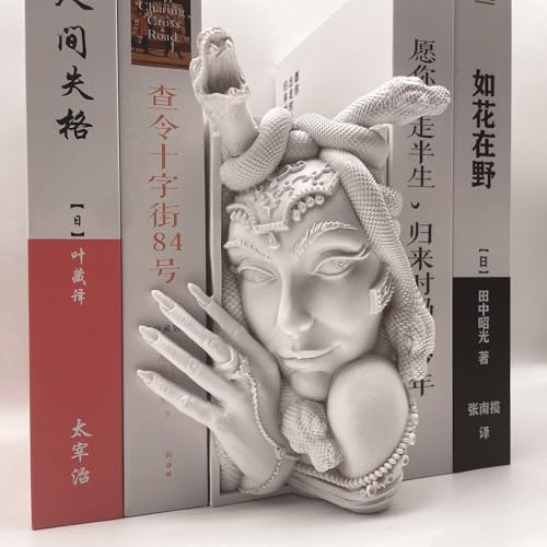 Medusa Head Book Nook, Unique Snake Women Face Decorative Bookends, Heavy Duty Book Stopper for Home Office Desk, Vintage Shelf Decor (White)