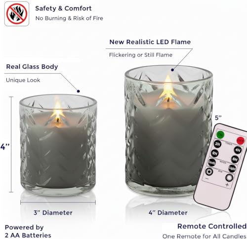 VENTA LED Candles 2 Pack - Grey Hobnail Glass Flameless Candles with Remote and Timer - Realistic Flickering Battery Operated Pillars - Vintage Diamond Texture for Home Decor (Grey Hobnail Glass) - color: Glass Transparent Ribbed