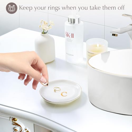 ProCase Ceramic Jewelry Tray, Initial Ring Dish Trinket Plate Engagement Gift, Small Personalized Monogram Ring Bowl for Wedding, White Decorative Jewelry Holder for Women Vanity -Letter C - style: C