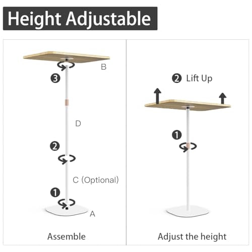 Small Laptop Standing Desk, 18“H - 46”H Adjustable Height Pedestal Side Table with Wooden Top, Portable Tall End Table, Stand-Up Desk for Bedside, Couch, Sofa, Living Room, Bedroom, Home Office, White - color: White