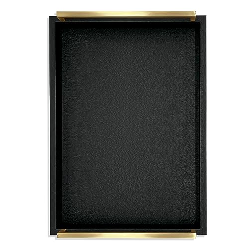 Decorative Coffee Table Tray - Shagreen Faux Leather - Ottoman Tray - Breakfast, Drinks, Liquor Serving Tray - Farmhouse to Modern - Brushed Champagne Gold Handles (Pitch Black) - color: Pitch Black