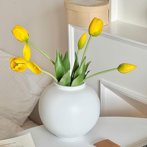 White Ceramic Flower Vase, Decorative Round Vase for Table Shelf Centerpieces Kitchen Living Room Bedroom, Matte White
