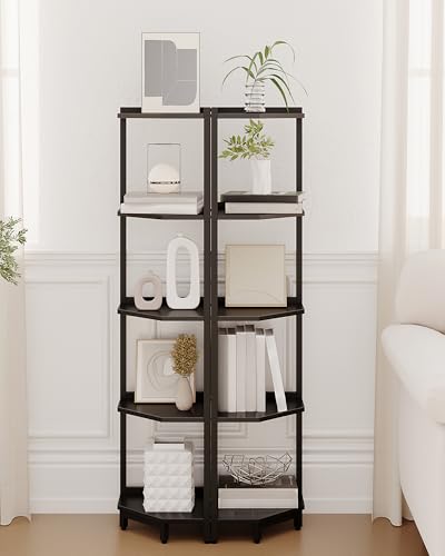 Hzuaneri Corner Shelf Stand, Corner Bookshelf, Storage Standing Shelf Unit with Metal Frame, Plant Stand, Bookcase for Living Room, Home Office, Bedroom, 5-Tier Black CS05906B - color: Black, size: 5 Tier