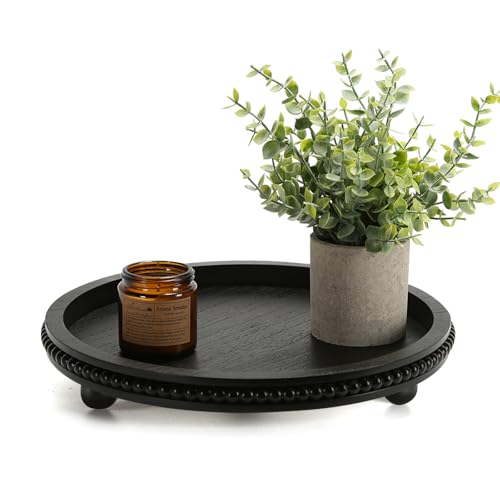 Wooden Beaded Decor Tray for Coffee Table, Rustic Wooden Trays Table Centerpieces, Decorative Trays for Home Decor Kitchen Table Farmhouse Serving Tray (Round Black) - color: Round Black