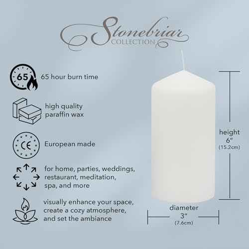 Stonebriar 3 Pack Tall 3 x 6 Inch 65 Hour Long Burning Unscented White Wax Pillar Candles - size: 3" x 6", style: Pack of 3