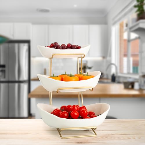 YYW 3 Tier Fruit Bowl for Kitchen Counter, White Gold Ceramic Fruit Stand for Countertop, Home Fruit Rack with Holder, Vegetable Bowl Snacks Nuts Bread Candy Storage (White) - color: White