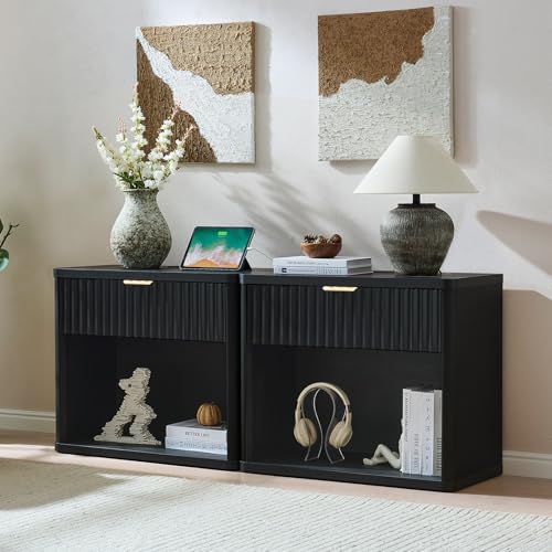 LEYAOYAO 31" Wide Fluted Nightstand with Charging Station, Oversized Extra Large 1 Drawer Night Stand with Golden Handle, Black Wood Bedside Table Tall End Tables,for Bedroom, Living Room, Hallway - color: Black, size: 1 Drawers