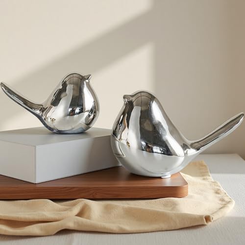 Ceramic Birds Figurines Home Decor, Set of 2 Silver Birds Statue, Chubby Small Bird Figurines, Modern Style Bird Decor for Home Living Room Desk Bookshelf Coffee Table Office Desktop (Silver) - color: Silver