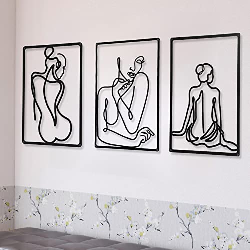 CHENGU 3 Pieces Metal Minimalist Abstract Woman Wall Art Line Drawing Wall Art Decor Single Line Female Home Hanging for Kitchen Bathroom Living Room - style: Elegant Body