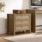 SICOTAS Night Stand with Drawers, Large Rattan Bedside Table with Golden Handle, 3 Drawers Nightstand Tall End Table Side Table Boho Nightstand for Bedroom - color: Carbon Cherry