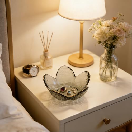 Flower Ring Dish Jewelry Tray, Glass Jewelry Dish Tray, Cute Room Decor Small Trinket Dish, Nightstand Jewlery Ring Holder, Bathroom Jewlery Plate Bowl for Earring Gift for Women (Smoky Black) - color: Smoky Black