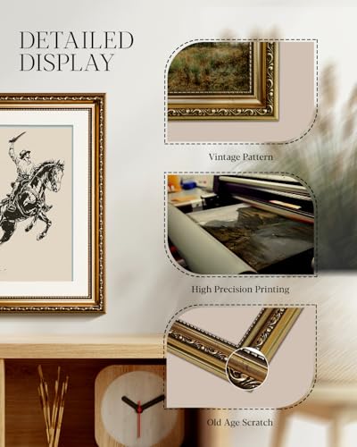 HUARCEY Vintage Western Wall Art Framed Canvas 13x16, Rustic Cowboy Riding Horse Illustration Line Art, Traditional Embossed Gold Frame Classic Western Ranch Living Room Office Study Home Decor - color: To the West, size: 16"L x 13"W
