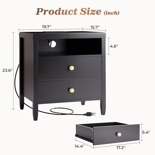 Huuger Black Nightstand Set of 2, Night Stand with Charger Station, Bedside Table with 2 Drawers, Bed Side Tables for Bedroom, Modern Nightstands, Metal Knobs, Painted Surface | with Charger Station, 2 Drawers, Bed Side Tables, for Bedroom, Metal Knobs, P