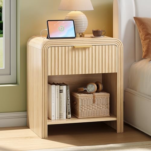 Decofy Fluted Nightstand with Charging Station, Modern Bedroom Side Table with Gold Handles, Curved Profile Design, End Table Wood Organizer for Bedroom, Open Shelf & 1 Drawers (1 Pack, Natural Oak) - color: Natural Oak, size: 1 Drawer( 15.5"D x 17.7"W x
