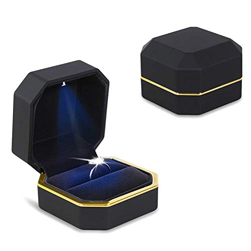 Luxury Ring Box, Square Velvet Wedding Ring Case Jewelry Gift Box with LED Light for Proposal Engagement Wedding, Black - color: Black, size: Ring Box
