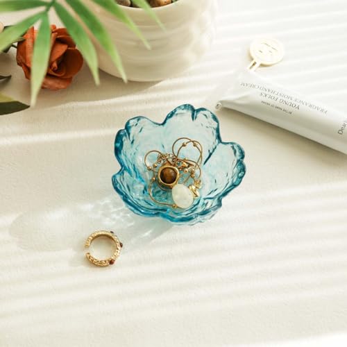 Friendship Gifts for Women Blue Flower Jewelry Ring Dish Tray,Decorative Glass Trinket Dish,Room Decor Aesthetic, Modern Accent Tray for Vanity (Blue) - color: Blue