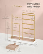 SONGMICS Jewelry Holder, Jewelry Storage Organizer Stand with Metal Frame, Velvet Tray, 12.1 to 18.7 Inches Tall Height Adjustable Necklace Holder, for Rings, Earrings, Pale Gold UJJS026A01 - color: Pale Gold