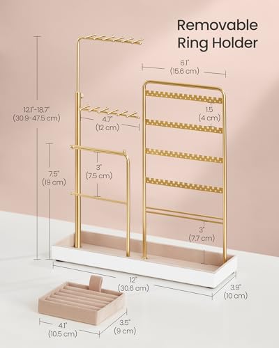 SONGMICS Jewelry Holder, Jewelry Storage Organizer Stand with Metal Frame, Velvet Tray, 12.1 to 18.7 Inches Tall Height Adjustable Necklace Holder, for Rings, Earrings, Pale Gold UJJS026A01 - color: Pale Gold