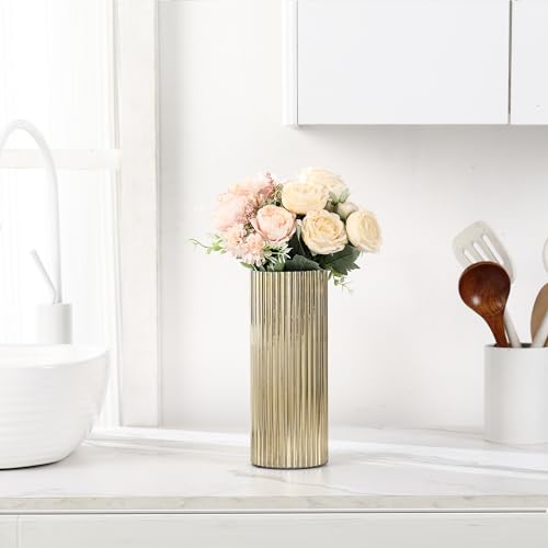 Gold Vase, Ribbed Glass Vase for Flowers, Modern Flower Vases for Tulips, Tall Fluted Vases for Living Room, Dining Table, Office, Wedding, Bookshelf, 10 Inches - color: Gold, size: 10''