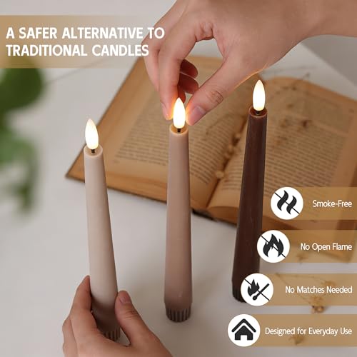 Brown Flameless Taper Candles with Remote, 9.6 Inches Real Wax Battery Operated Candles, 3 Pack Flickering LED Candlesticks, Tall Taper Fake Candles for Home, Wedding, Party - color: Gradient Brown