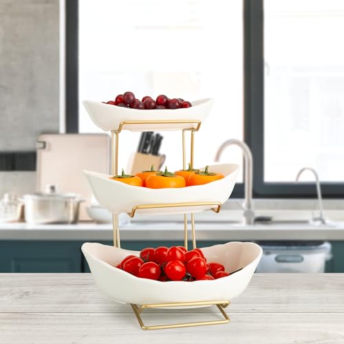 YYW 3 Tier Fruit Bowl for Kitchen Counter, White Gold Ceramic Fruit Stand for Countertop, Home Fruit Rack with Holder, Vegetable Bowl Snacks Nuts Bread Candy Storage (White) - color: White