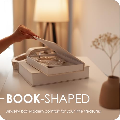Modern Decorative Books Set of 2 Premium Linen Hardcover Faux Book Box with Reliable Magnetic Closure & Paulownia Wooden Chain