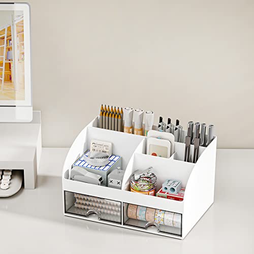 COMFYROOM Desk Organizer with 6 Compartments and 2 Drawers, Plastic Makeup Organizer, Pen Holder for Desktop Storage, Desk Organization for School, Home, Office Supplies (White) - color: White