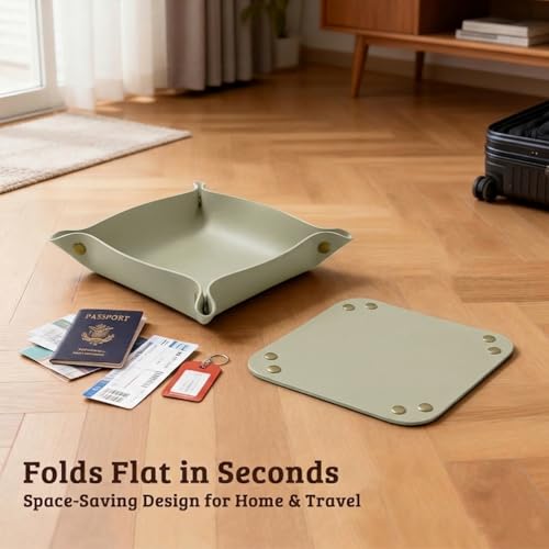 3 PACK PU Leather Jewelry Valet Tray Organizer, Foldable & Portable Catch All Bowl for Entryway Table, Nightstand, Desk & Travel | Storage Dish for Keys, Watch, Coin, Glasses (Beige Green) - color: Beige Green