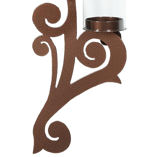 Augustine Scrollwork Candle Wall Sconce Pair | Antique Copper | Metal Designs with Included Hurricane Style Glass Candleholder - color: Antique Copper