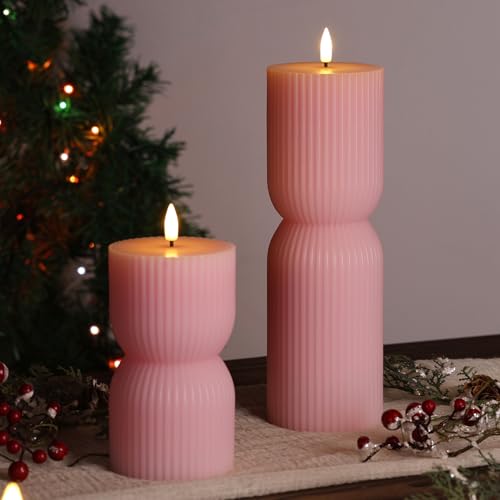 Pink Ribbed Flameless Pillar Candles with Remote, Flickering LED Candles Battery Operated Real Wax Set of 2 - color: Pink