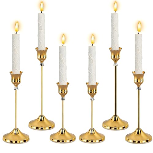 SHDSL Gold Candlestick Holders, Taper Candle Holders, Set of 6, Metal Taper Candle Stick Holders, Vintage Christmas Brass Home Decor for Table, Room Decorations Housewarming - color: Gold
