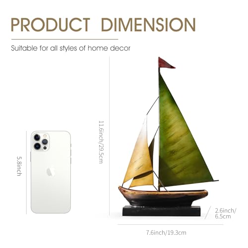 Vintage Sailboat Statue Decor for Living Room, Metal Boat Sculptures Decorations for Dining Room Office, Nautical Home Décor Accents for Shelf Bookshelf Coffee Table TV Stand (Yellow and Green) - color: Yellow and Green