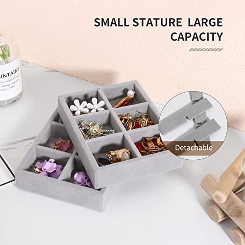 DesignSter Small Jewelry Tray, 2PCS Ring Organizer, Velvet Jewelry Display Tray, Stackable Jewelry Organizer Trays, Jewelry Drawer Organizer Inserts For Dresser, Jewelry Box (Gray) - color: Gray, size: 6 Grids