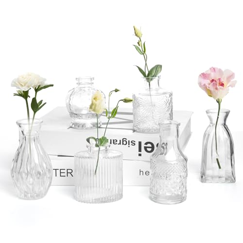 Petal Petite Glass Vase Set of 6 Small Clear Glass Bud Vases, Mini Vintage Flower Vases for Wedding Centerpieces & Table Décor, Champagne Vases in Bulk for Single Stem, Home and Office Decor - color: Clear