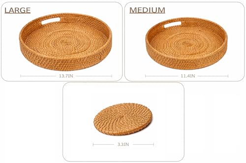 Round Rattan Serving Tray Set (2 Nesting Sizes) with Handles, 4 Coasters Included, Handwoven Boho Wicker Organizer for Coffee Table or Ottoman, 14.2 x 2.3 in and 11.9 x 1.7 in