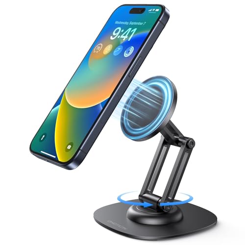 OMOTON 360°Rotating MS04 Magnetic Phone Stand for Desk, Adjustable Foldable Aluminum for MagSafe Cell Phone Stand Holder with Non-Slip Base, for iPhone 17/16/15/14 Pro Max Air, Black - color: Black