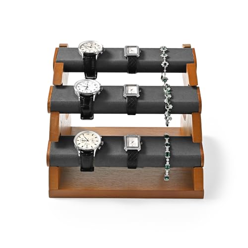 3 Tiers Solid Wood Jewelry Bracelet Watch Organizer Stand Display Detachable Watch Display Stand Jewelry Tree for Wristwatch Bracelet Organization(Grey)