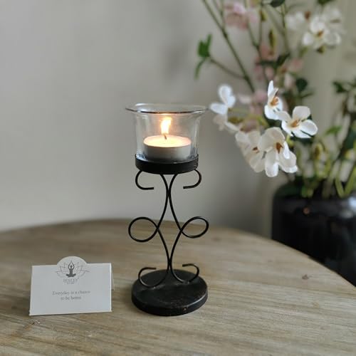 Hosley Bulk Buy Set of 6 Metal & Glass Tea Light Candle Holders for Home Decor, Lighting, Wedding, Parties, Gifting, LED Tea Light Gardens - color: Black