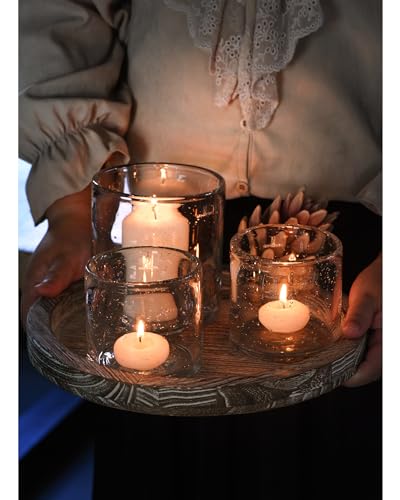 ARIAMOTION Glass Candle Holder Set 3 Clear Seeded Bubbles Modern Farmhouse Centerpieces Coffee Table Rustic Hurricane Cylinders Pillar Votive Tealight - color: Bubbles Clear (Tray)