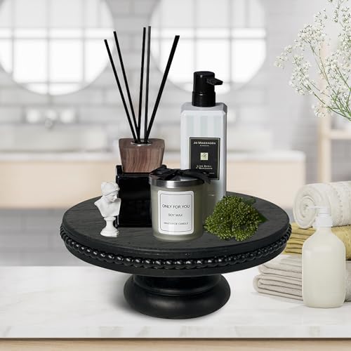 dwellington White Wash Display Wood Riser, 8.25inch Shabby Chic Pedestal Tray Decor with Beads, Farmhouse Display Stands for Coffee Bar, Bathroom, Kitchen Island (Black)