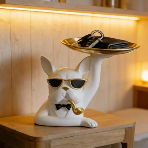 White Dog Sculpture Tray 7.5 Inch Resin Statue Figurine with Removable Serving Tray Cute Animal Decor for Entryway Coffee Table Unique Gift for Dog Lovers - color: White